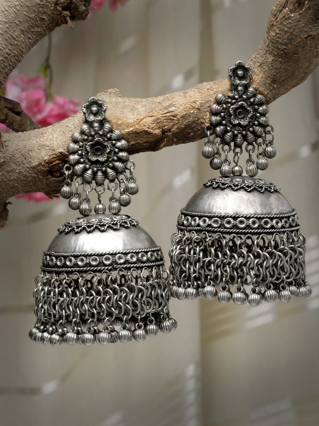 

Moedbuille Silver-Plated Dome Shaped Oxidised Jhumkas