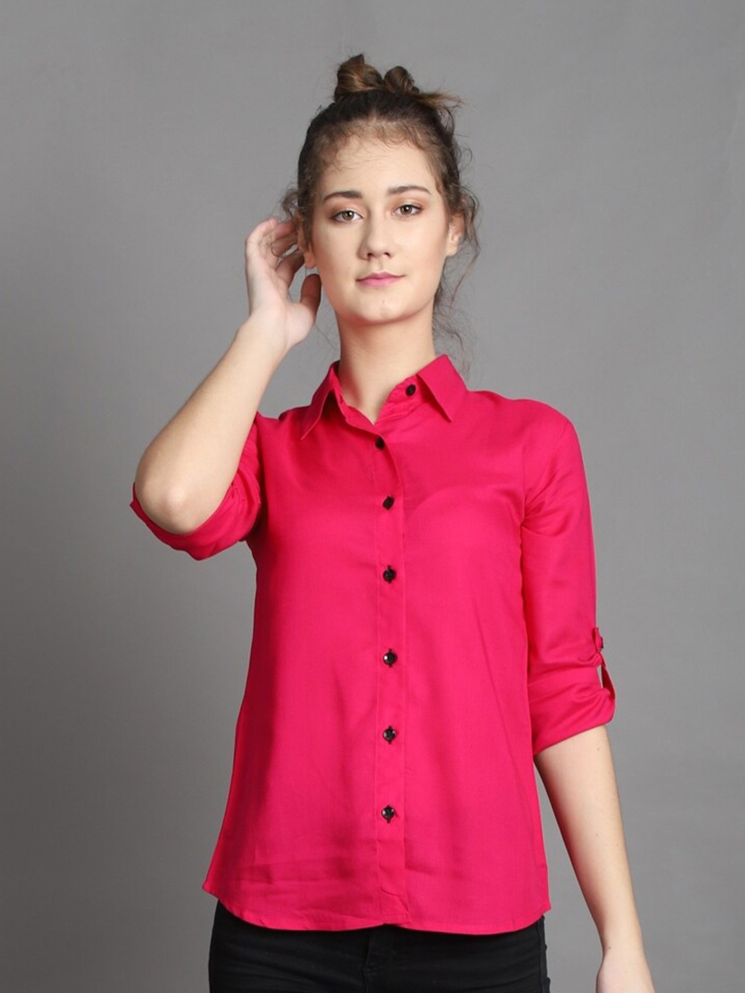 

BAESD Cutaway Collar Roll-Up Sleeves Opaque Cotton Casual Shirt, Pink