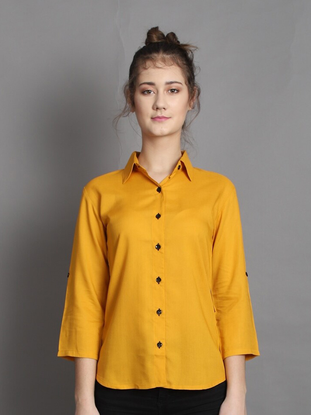 

BAESD Cutaway Collar Roll-Up Sleeves Opaque Cotton Casual Shirt, Yellow