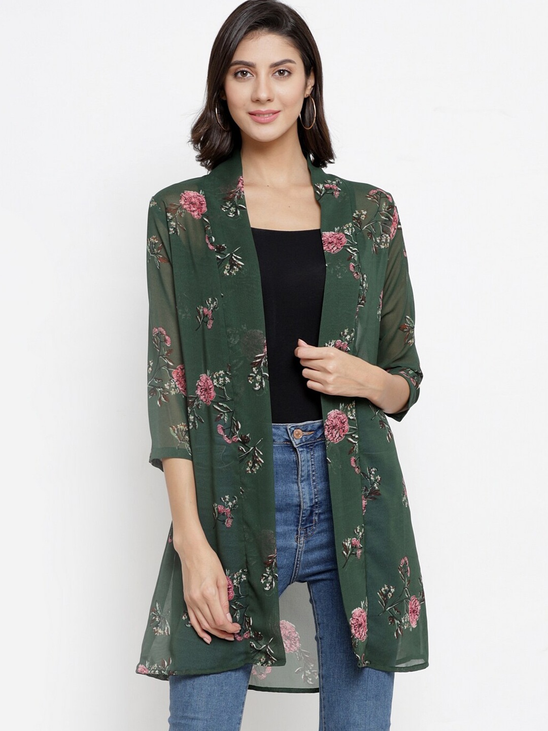 

BAESD Women Printed Longline Open Front Shrug, Green