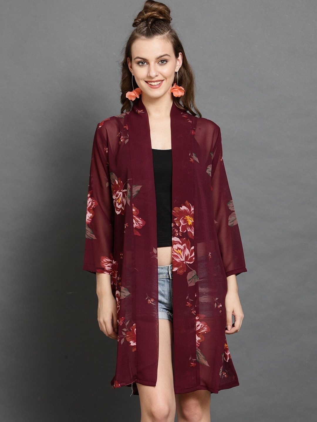 

BAESD Women Printed Longline Open Front Shrug, Maroon