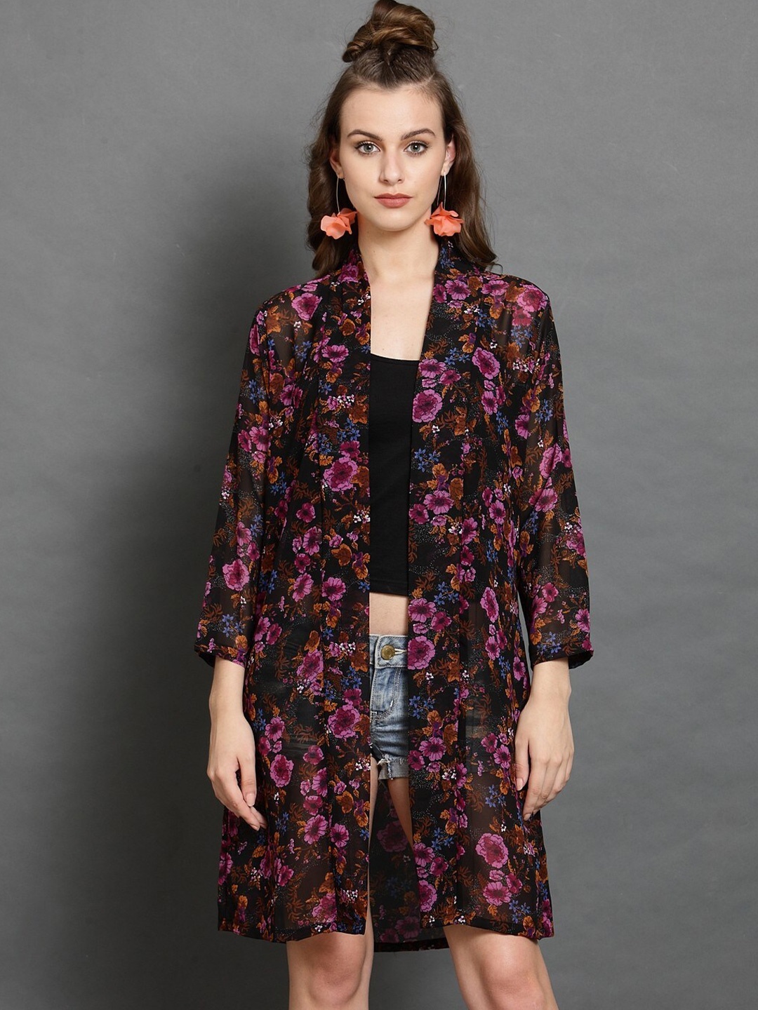 

BAESD Women Printed Longline Open Front Shrug, Black