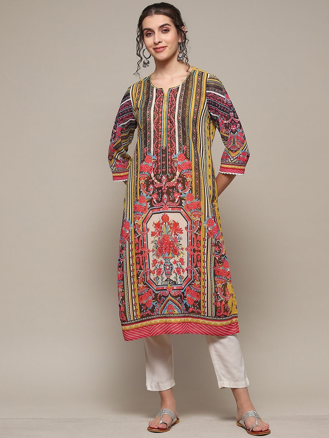 

Biba Floral Printed Round Neck Sequinned Detail Straight Kurta, Yellow