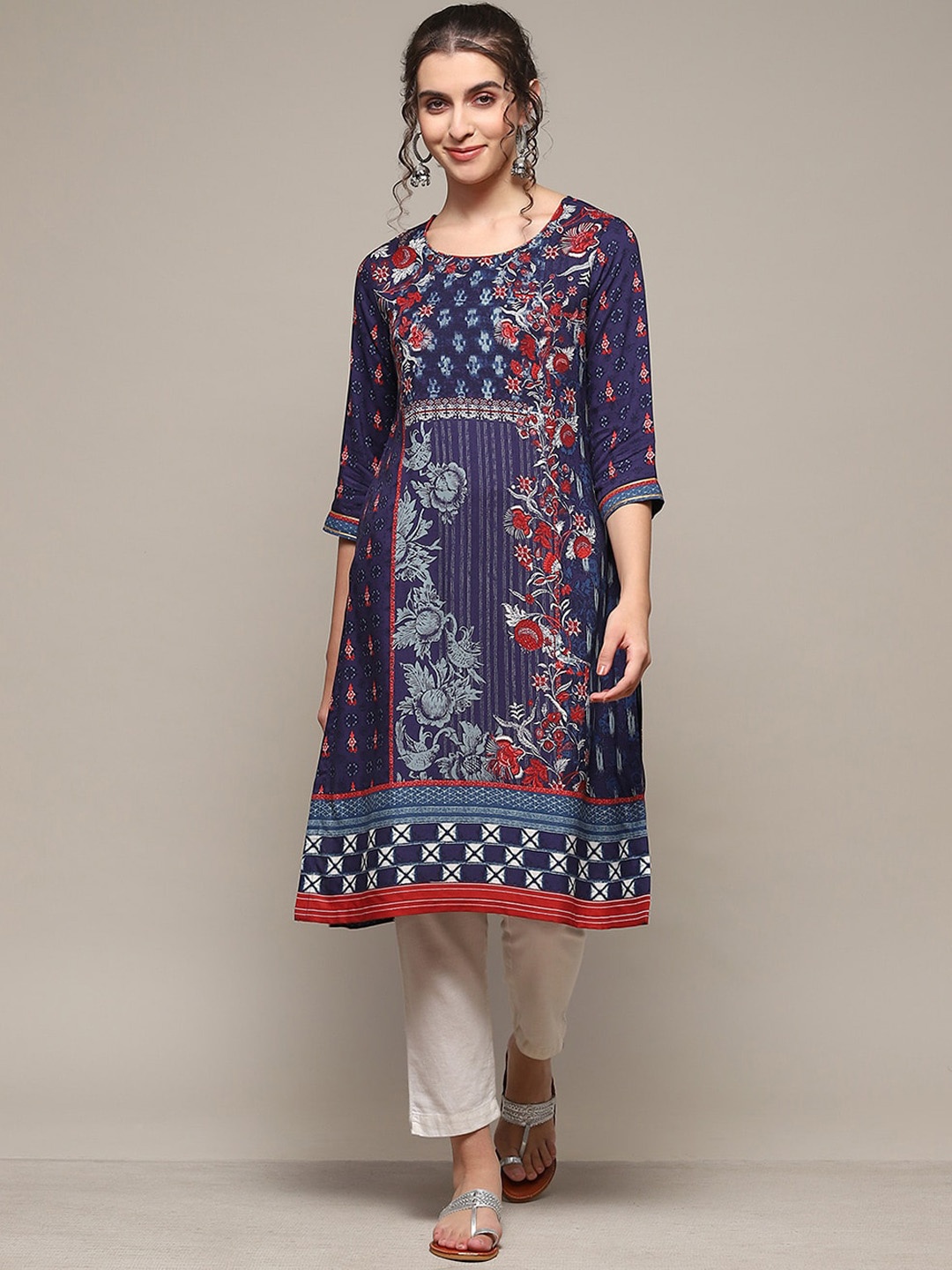 

Biba Floral Printed Round Neck A-Line Kurta, Navy blue