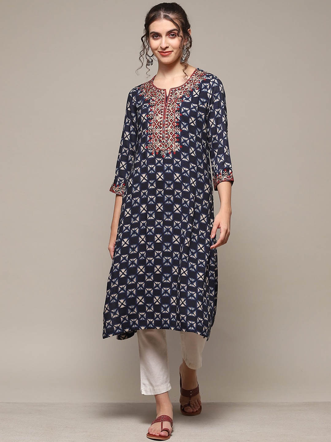 

Biba Ethnic Motifs Shibori Dyed Thread Work Yoke Design Kurta, Navy blue