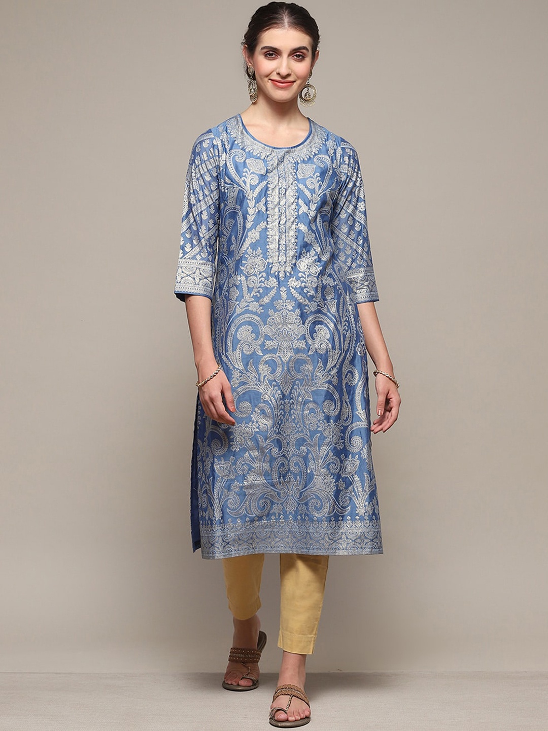 

Biba Ethnic Motifs Embroidered Thread Work A-Line Kurta, Blue