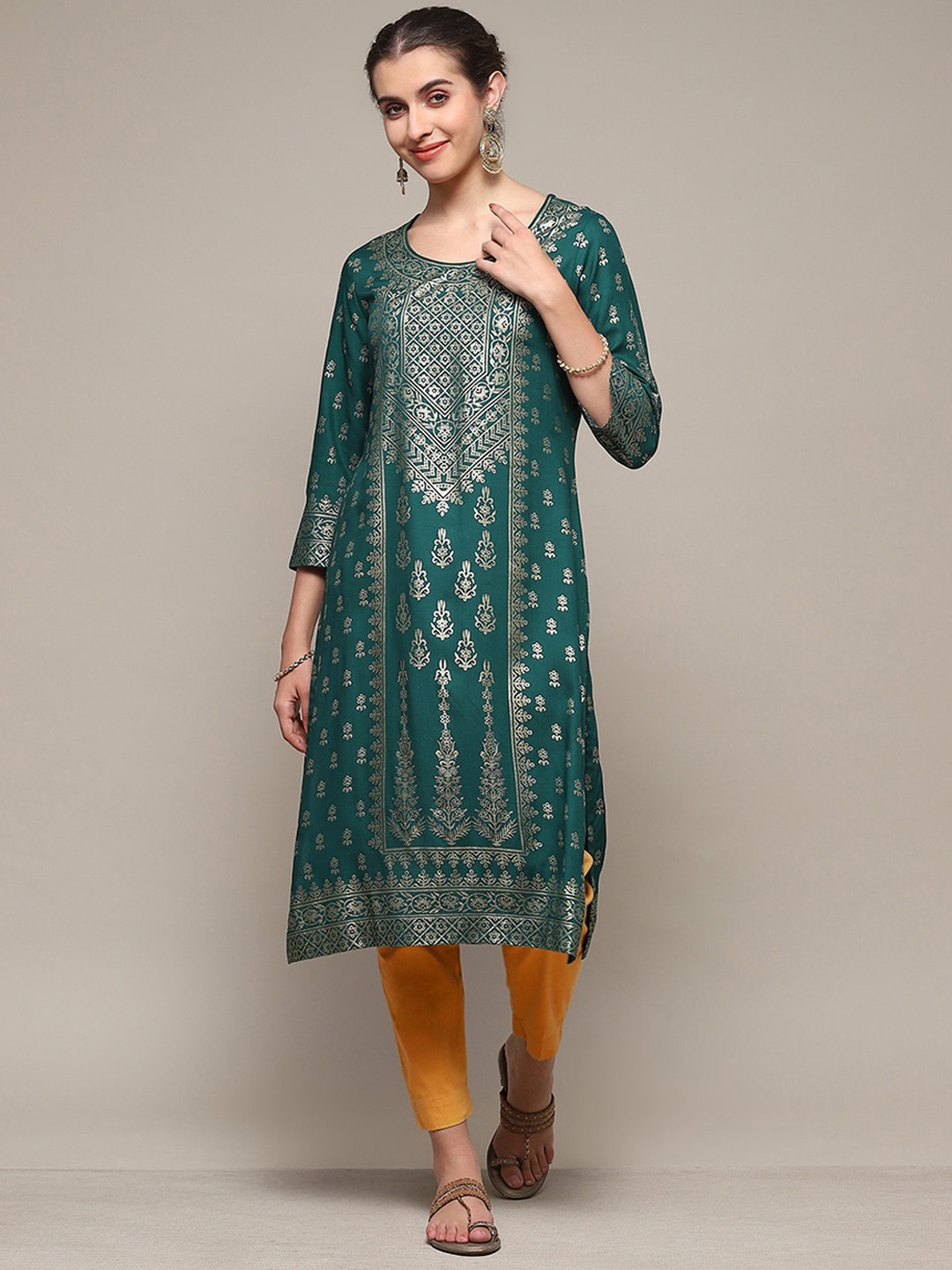 

Biba Ethnic Motifs Foil Printed A-Line Kurta, Green