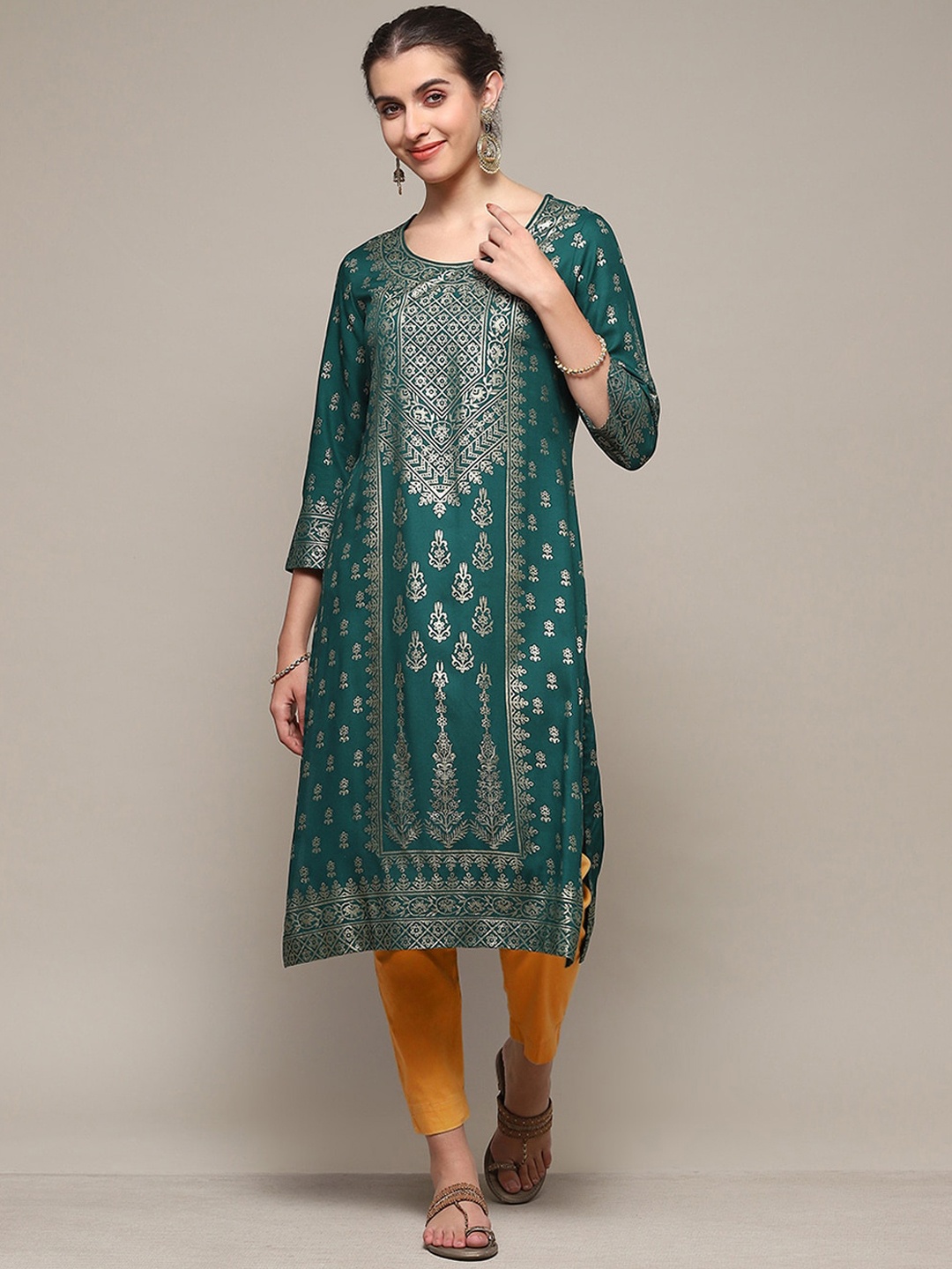 Biba Round Neck Straight Woven Design Kurta, Green