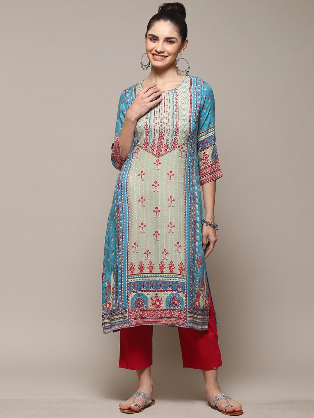 

Biba Round Neck Ethnic Motif Printed Straight Kurta, Blue