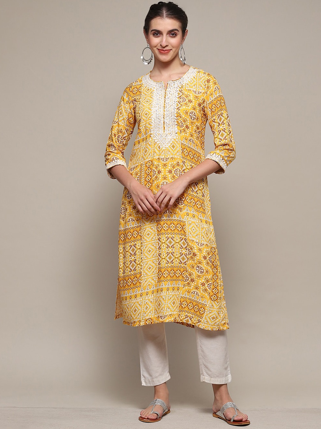 

Biba Bandhani Printed Thread Work Notched Neck straight Kurta, Yellow