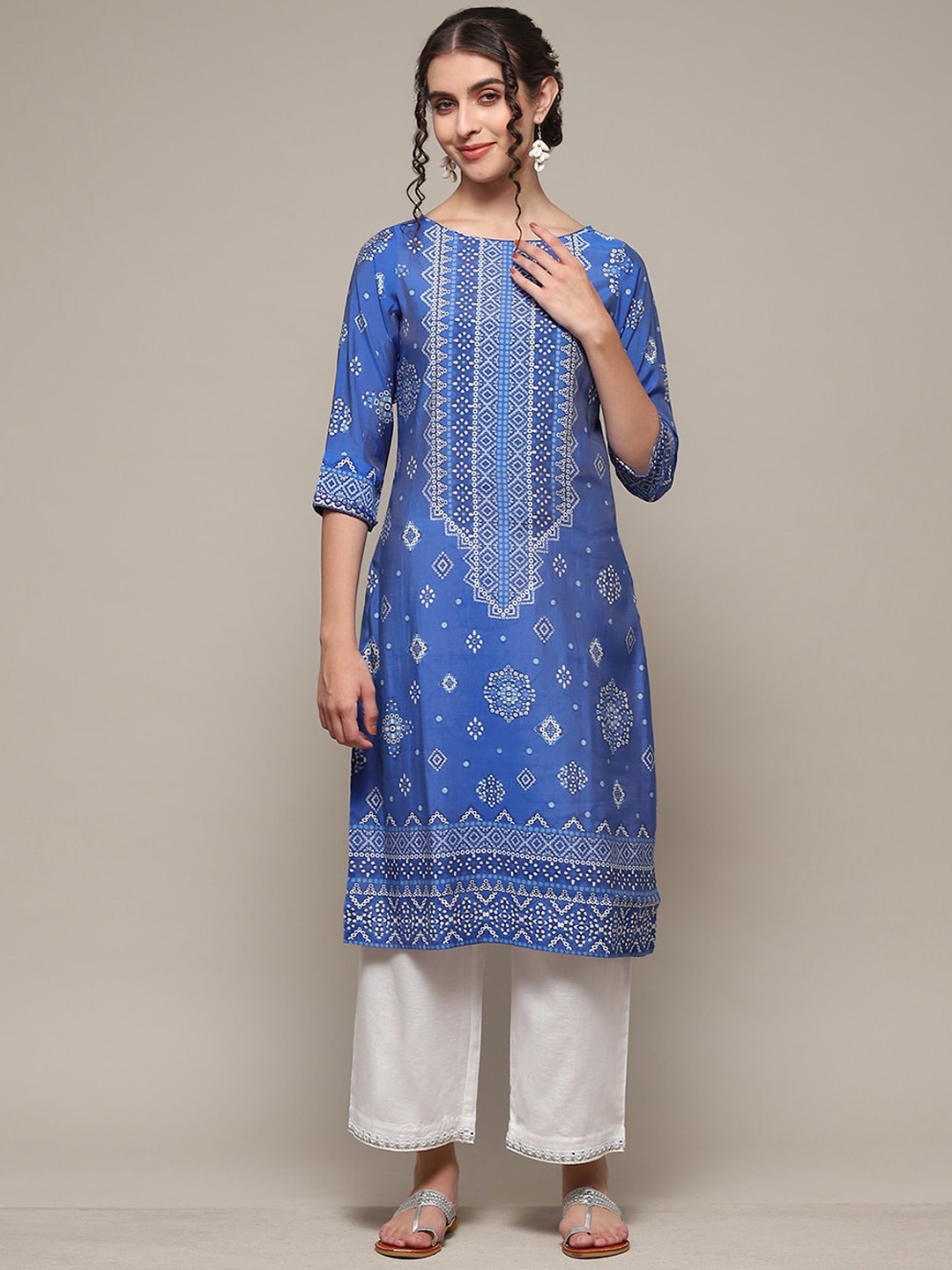 

Biba Ehnic Motifs Printed Boat Neck Straight Kurta, Blue