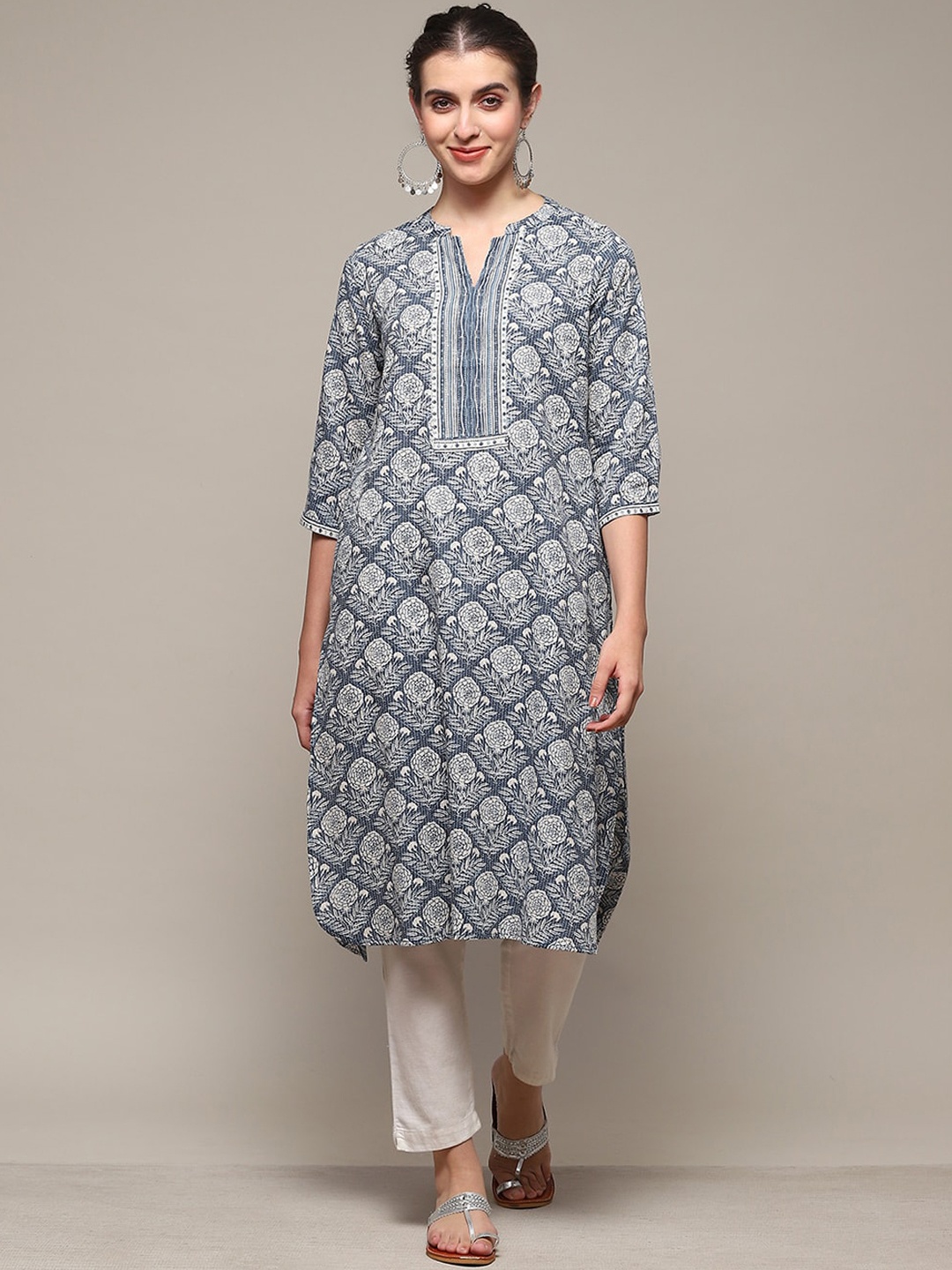 

Biba Ethnic Motifs Printed Thread Work Mandarin Collar A-Line Kurta, Blue