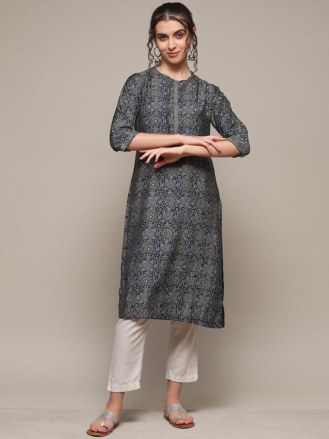 

Biba Ethnic Motifs Printed Thread Work Straight Kurta, Blue