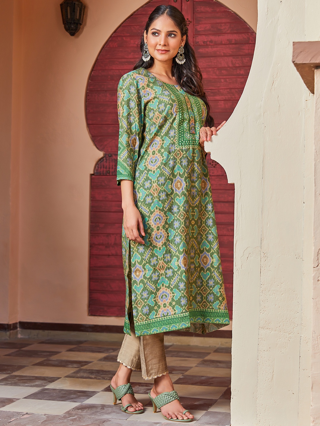 

Biba Sequins Detail Ethnic Motifs Printed A-Line Kurta, Green