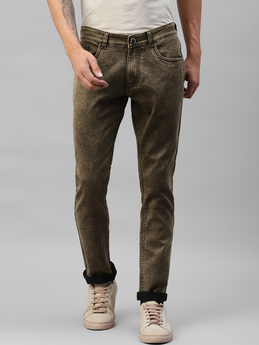 

KICKSFIRE Men Slim Fit Heavy Fade Clean Look Stretchable Jeans, Green