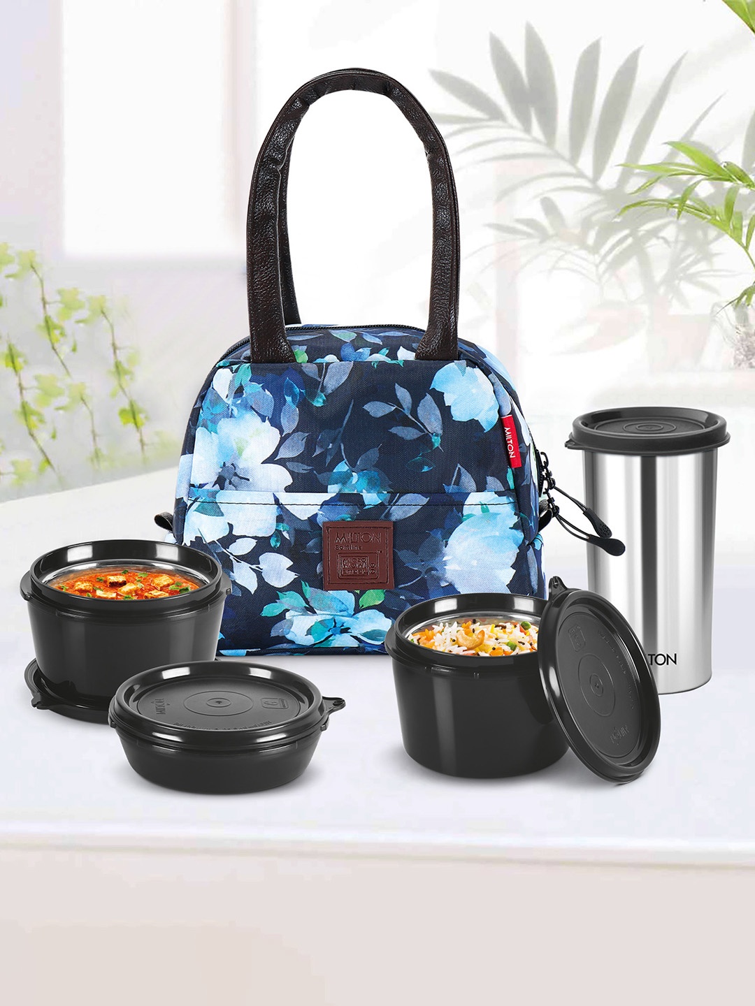 Milton Floret Tiffin 3 Inner Steel Containers & Tumbler With Insulated Fabric Jacket Blue, Black