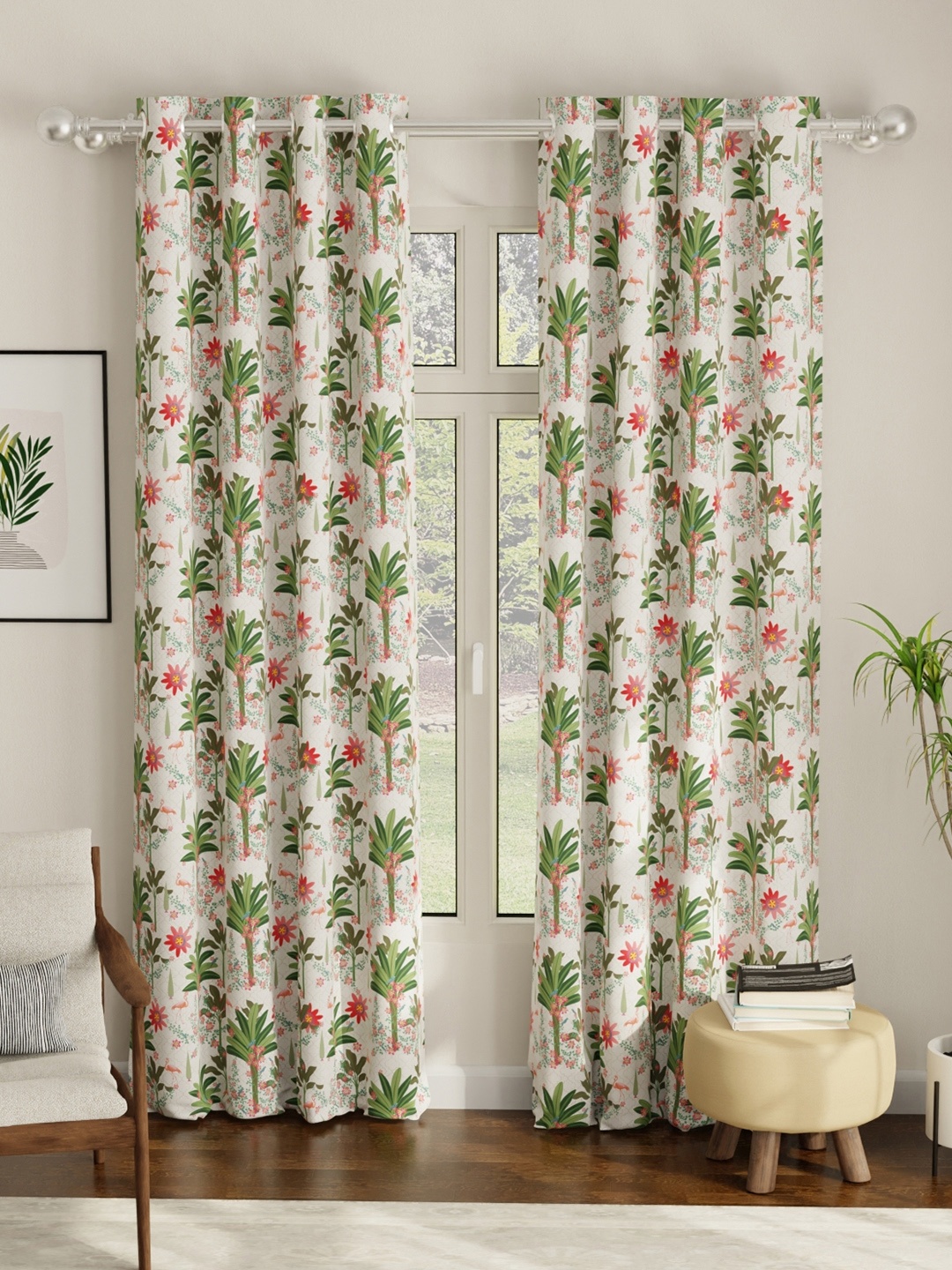 

URBAN SPACE White & Green 2-Pieces Quirky Black Out Long Door Curtains