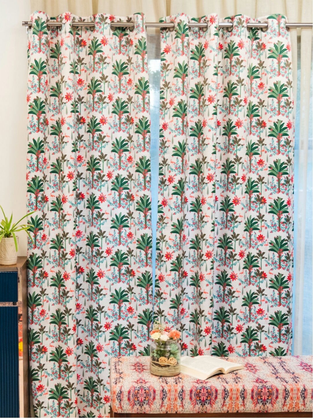 

URBAN SPACE White & Red 2-Pieces Quirky Black Out Window Curtains
