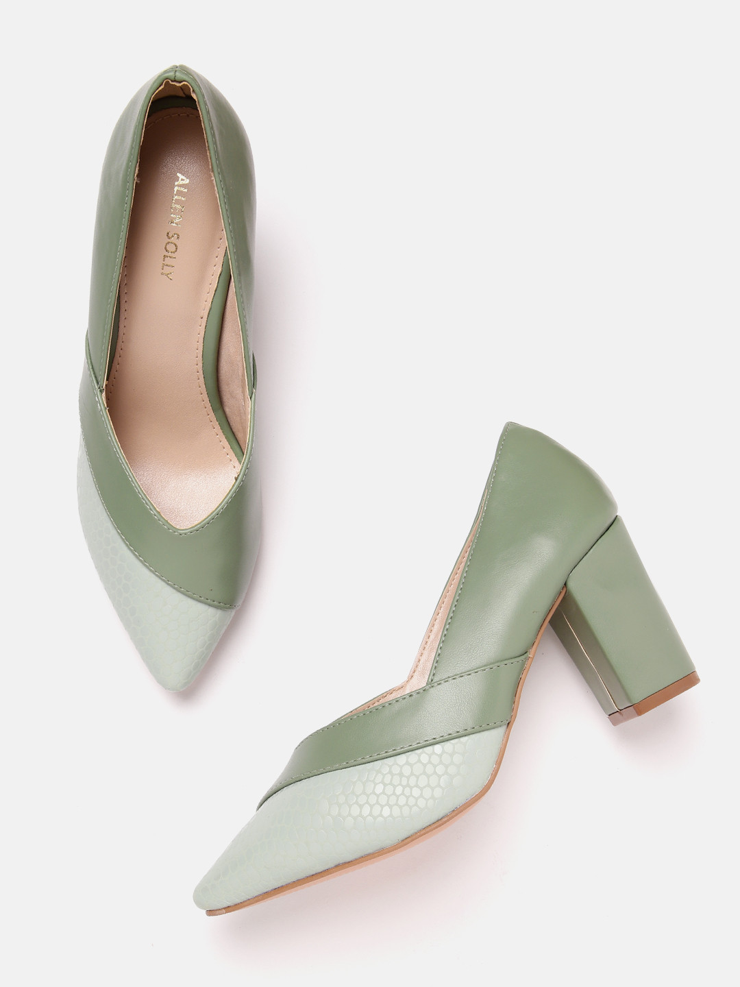 

Allen Solly Women Colourblocked Block Heel Pumps with Snake Skin Textured Detail, Green