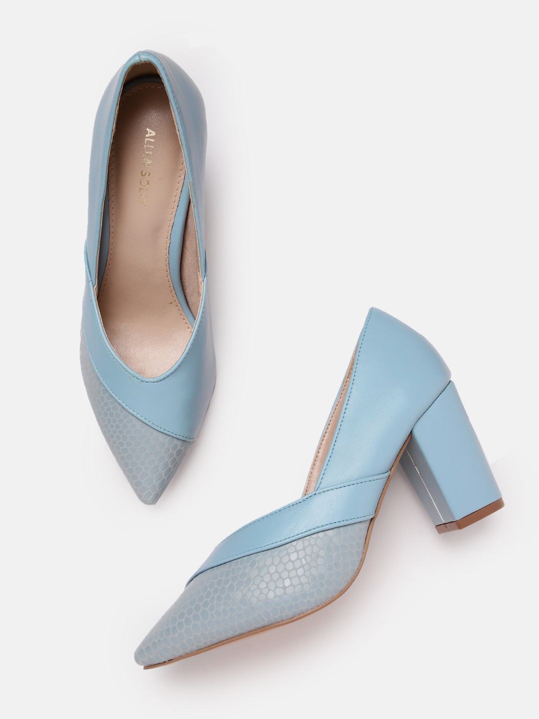 

Allen Solly Women Snake Skin Textured Detail Block Heel Pumps, Blue
