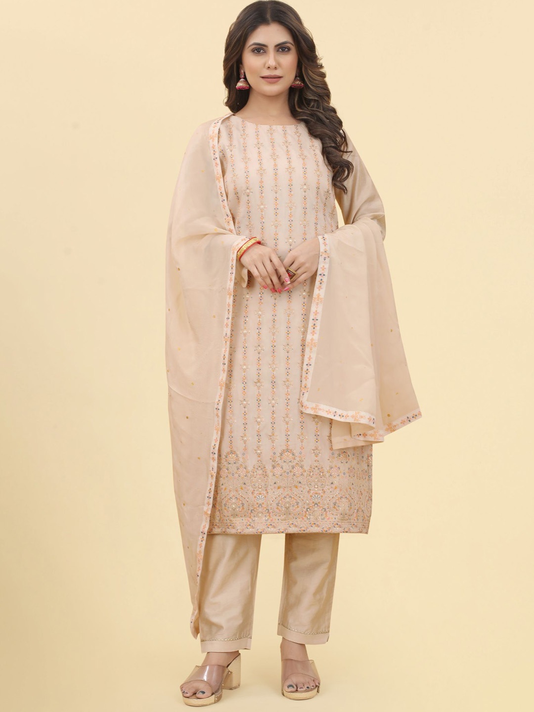 

PREMROOP- THE STYLE YOU LOVE Ethnic Embroidered Regular Kurta with Trousers & Dupatta, Nude