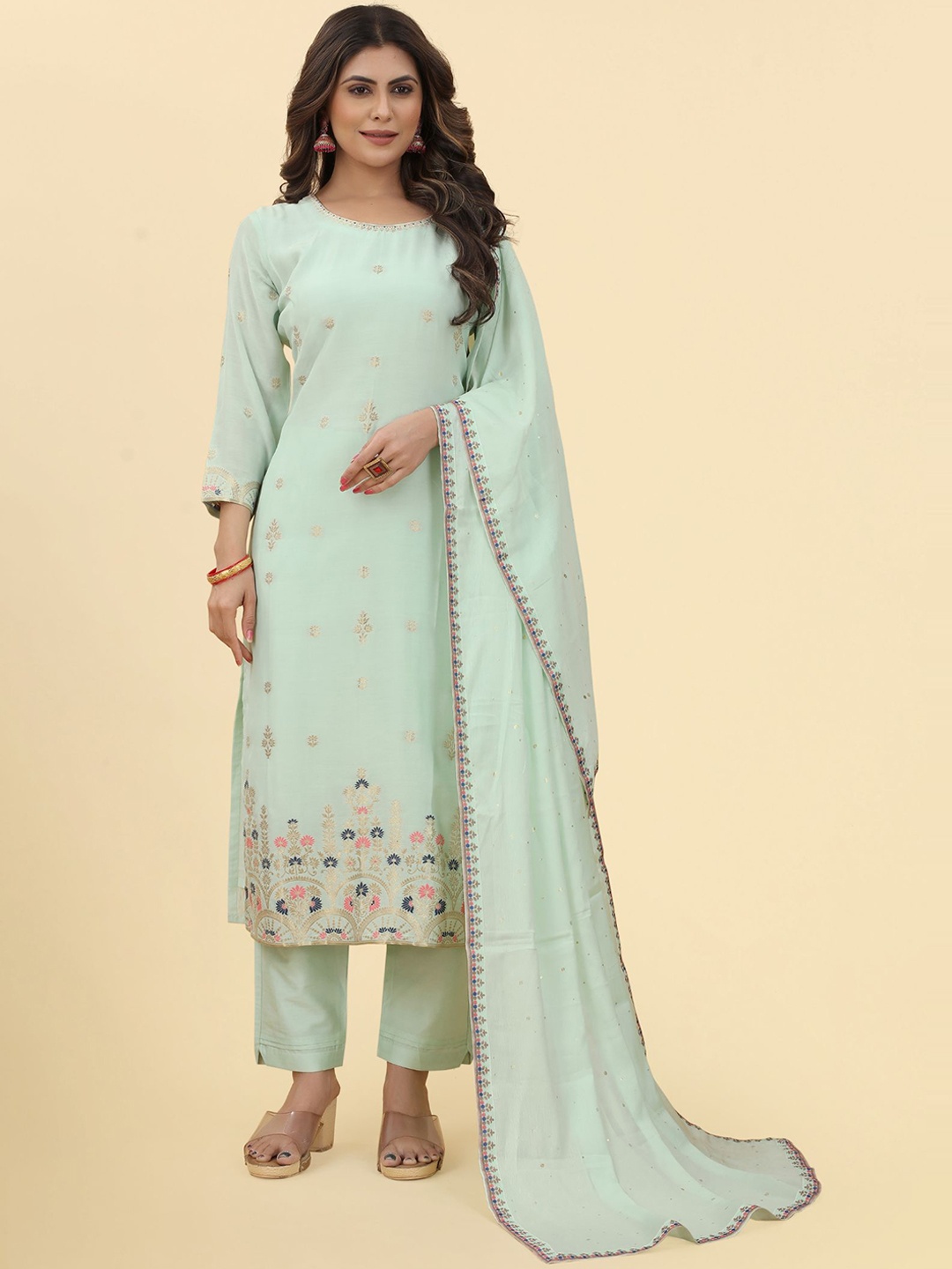 

PREMROOP- THE STYLE YOU LOVE Ethnic Embroidered Regular Kurta with Trousers & Dupatta, Turquoise blue