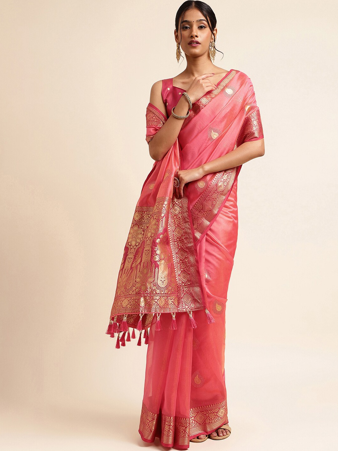 

Mitera Pink & Gold-Toned Woven Design Zari Tissue Banarasi Saree