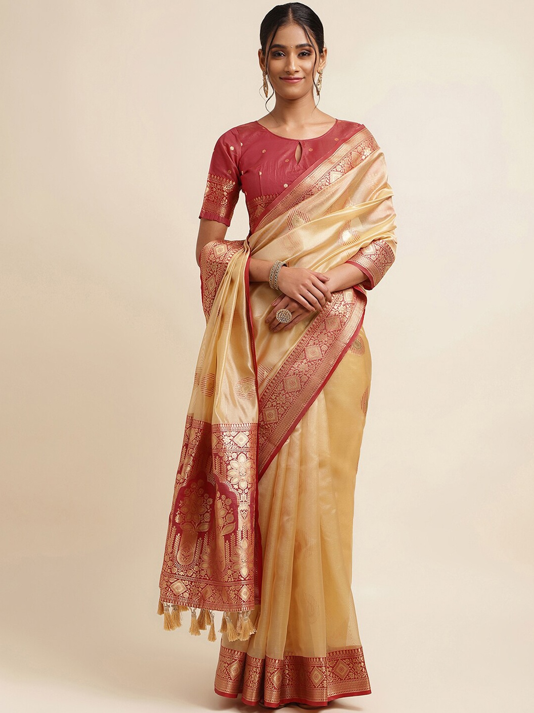 

Mitera Ethnic Motifs Woven Design Zari Tissue Banarasi Saree, Beige