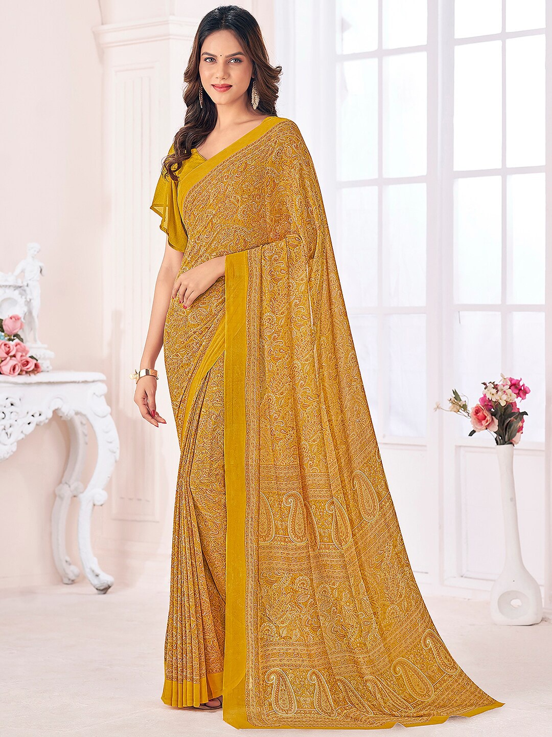 

Mitera Paisley Poly Georgette Saree, Mustard