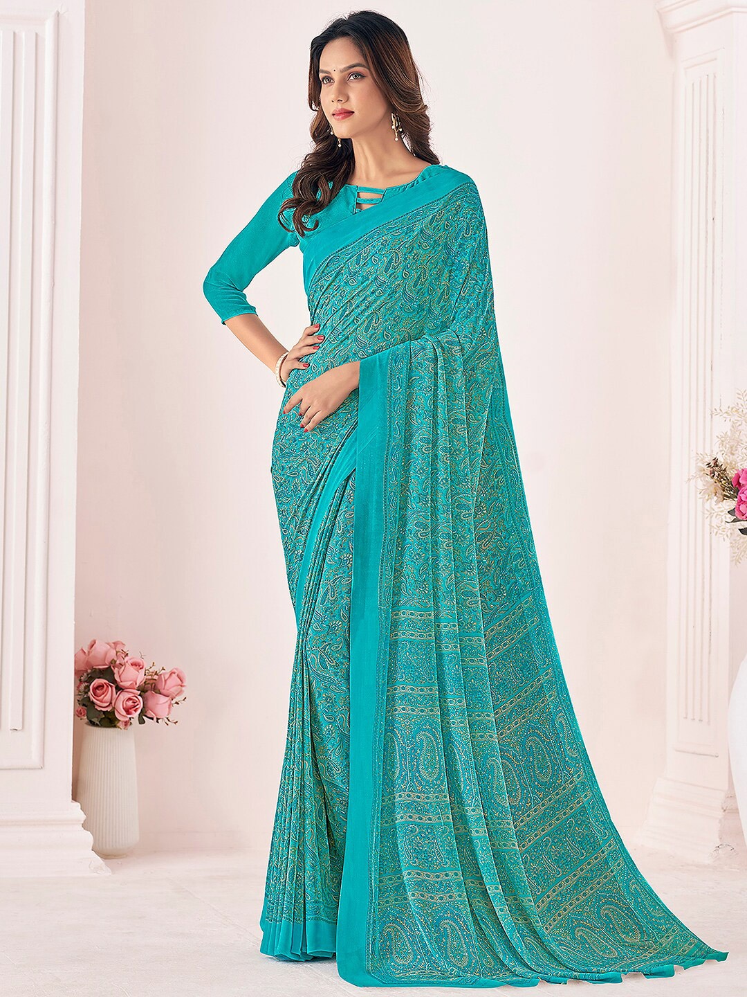 

Mitera Green Paisley Printed Poly Georgette Saree