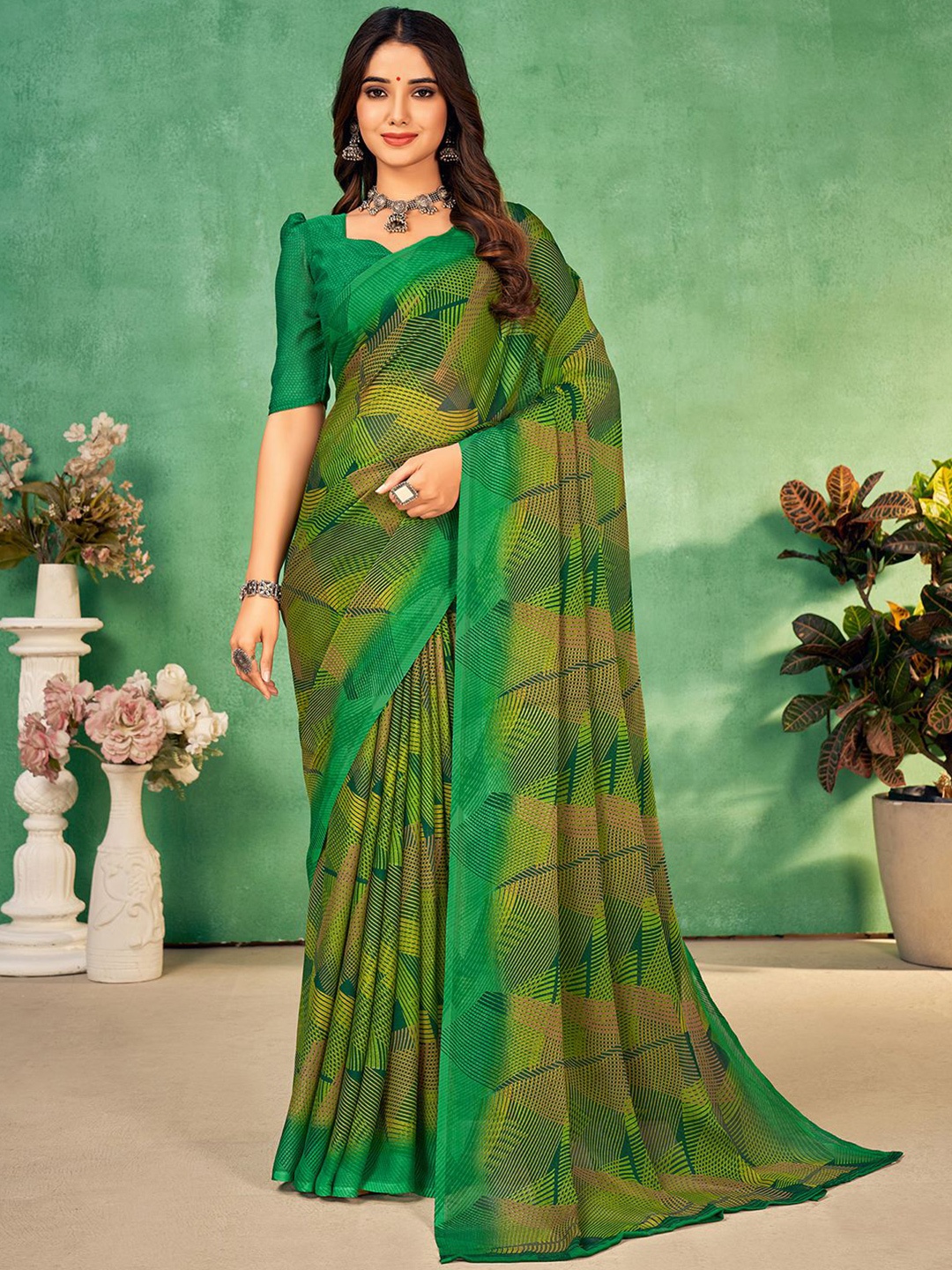 

Mitera Green & Yellow Geometric Printed Saree