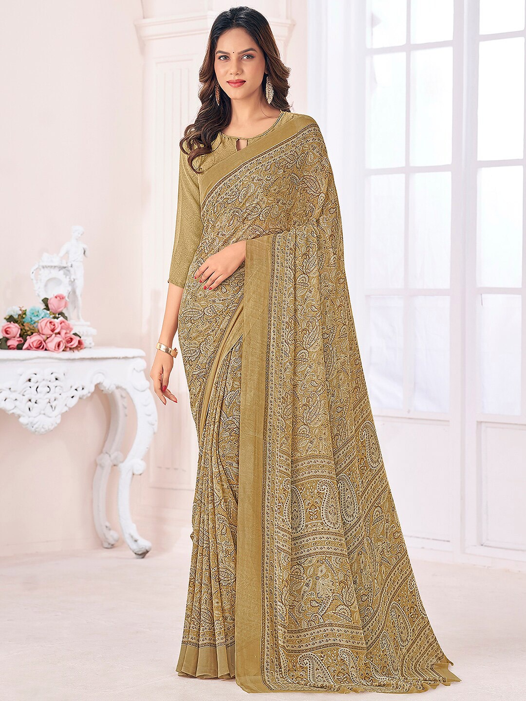 

Mitera Green Paisley Poly Georgette Saree