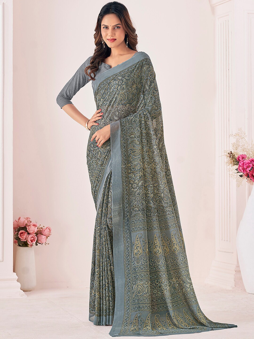 

Mitera Grey Paisley Printed Poly Georgette Saree