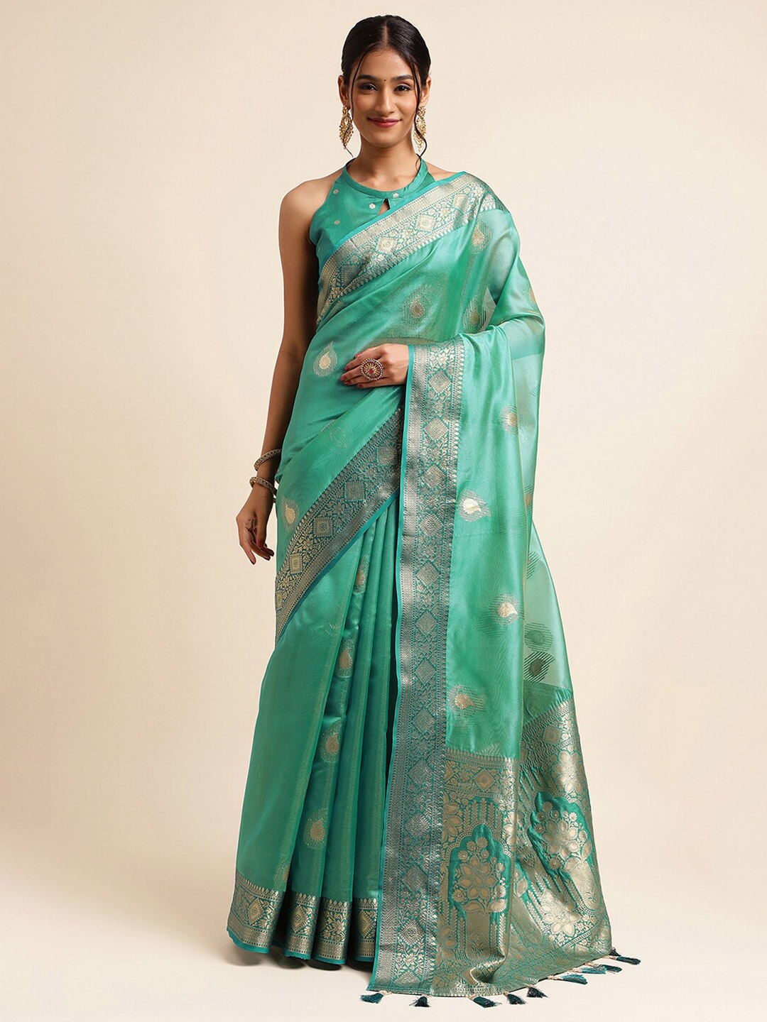 

Mitera Green & Gold-Toned Woven Design Jacquard Tissue BanarasiSaree