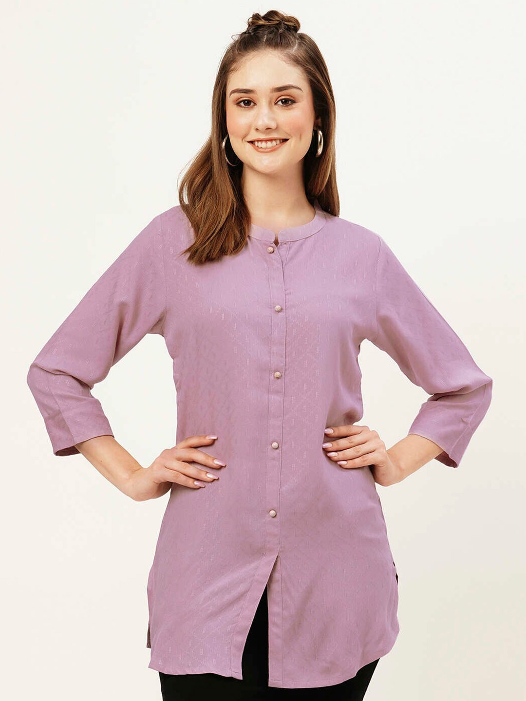 

ZOLA Mandarin Collar Self Design Tunic, Pink