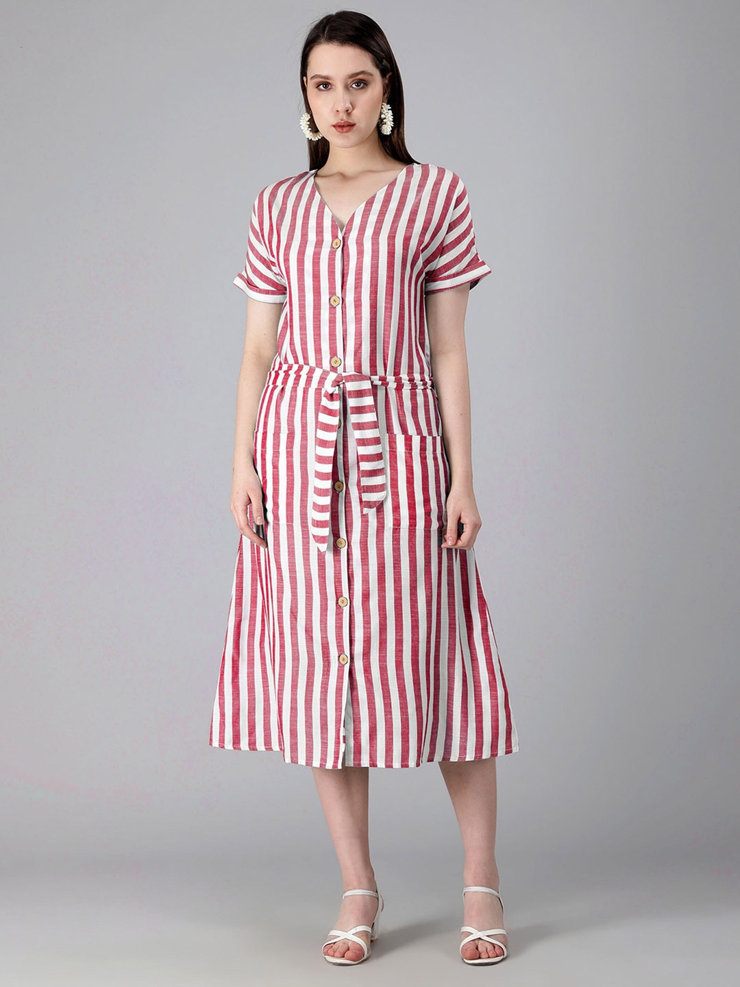 

misbis Candy Striped V-Neck Pure Cotton A-Line Dress, Red