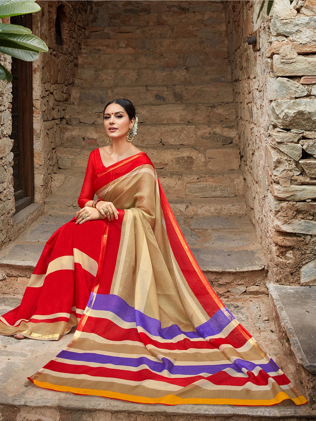 

Shaily Striped Zari Silk Cotton Saree, Beige