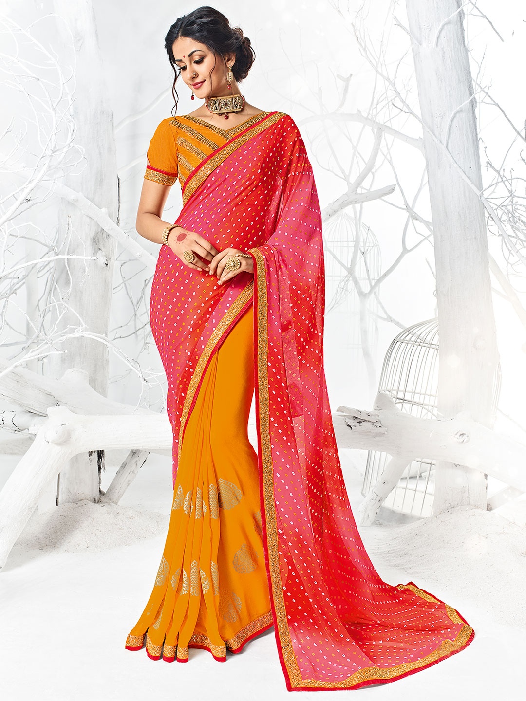 

Shaily Bandhani Printed Embroidered Border Pure Georgette Bandhani Saree, Mustard