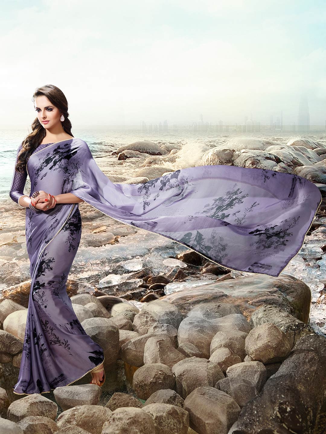 

Shaily Lavender & Black Floral Printed Bead Work Satin Saree