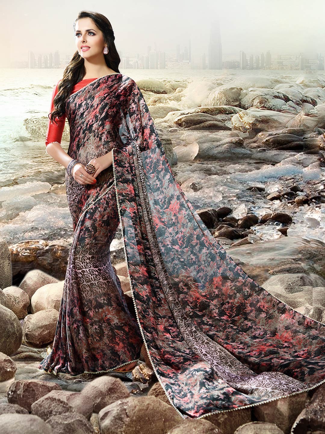 

Shaily Brown & Red Floral Printed Beads Work Satin Saree