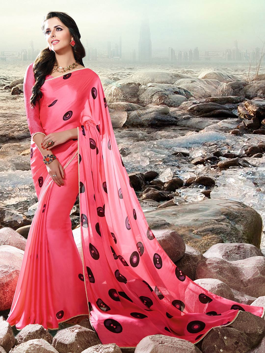 

Shaily Pink & Black Polka Dot Printed Bead Work Satin Saree