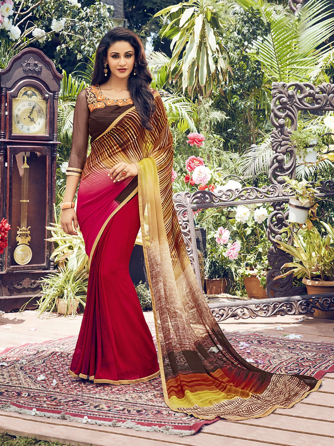 

Shaily Red & Beige Abstract Printed Embriodered Pure Georgette Saree