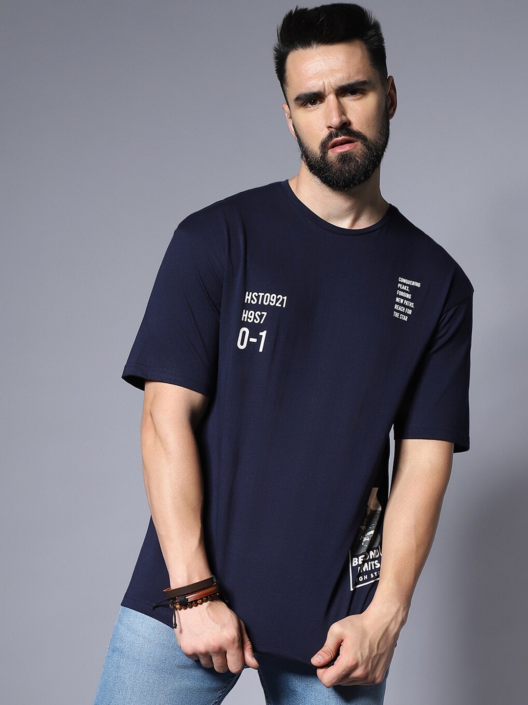 High Star Men Blue Typography Applique T-shirt