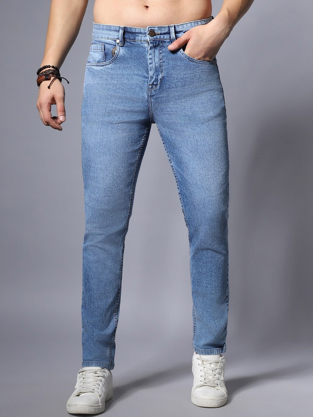 

High Star Men Straight Fit Mildly Distressed Light Fade Stretchable Jeans, Blue