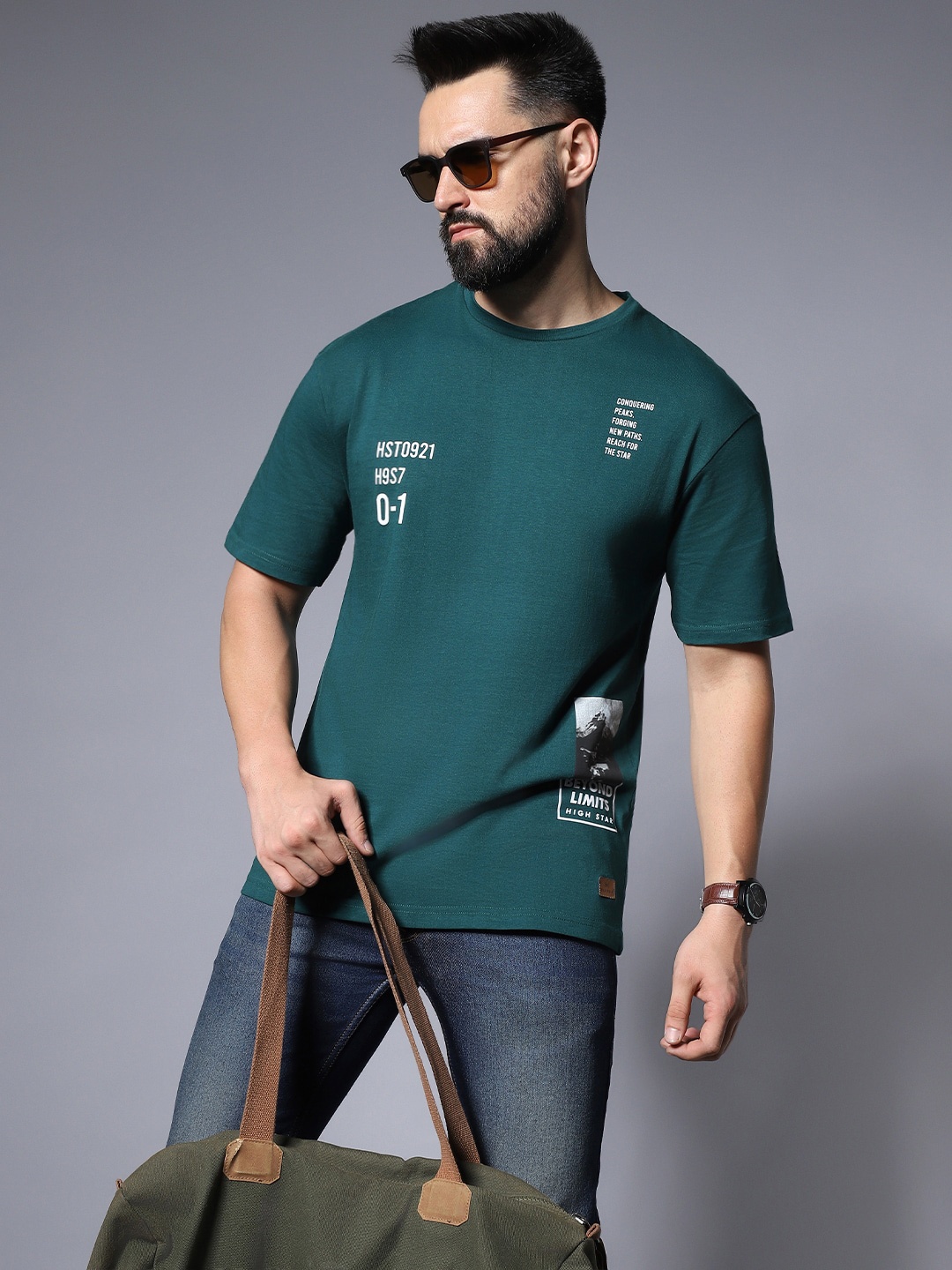 High Star Typography Printed Round Collar Pure Cotton T-shirt, Green