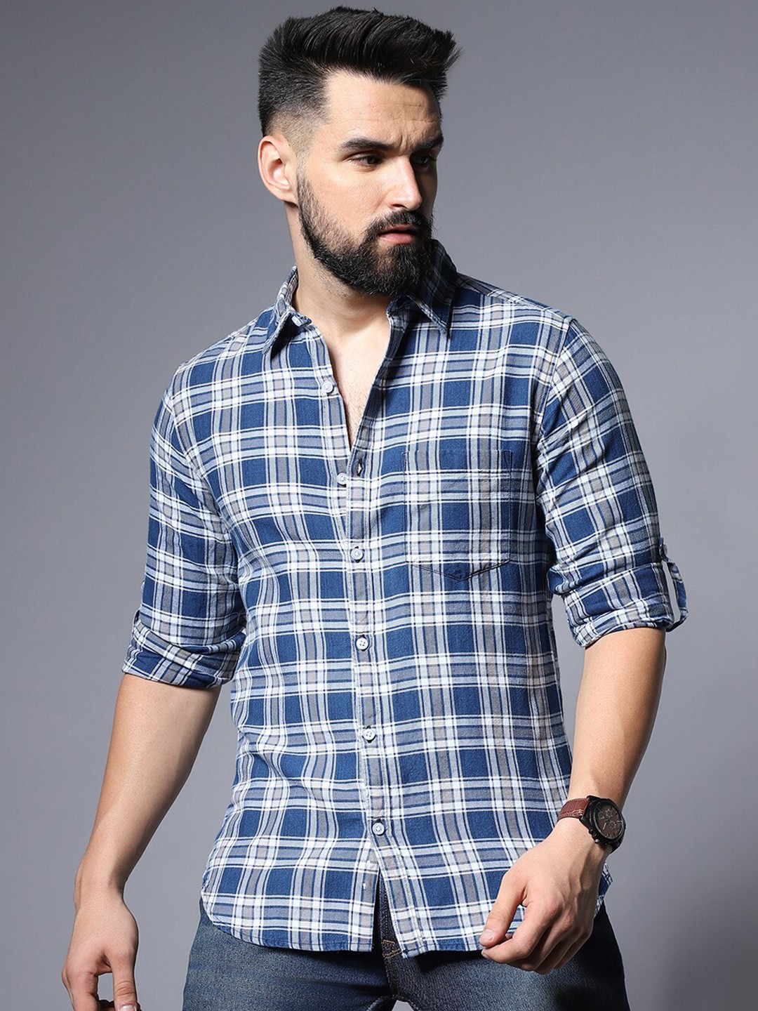 

High Star Classic Regular Fit Tartan Checked Pure Cotton Casual Shirt, Blue