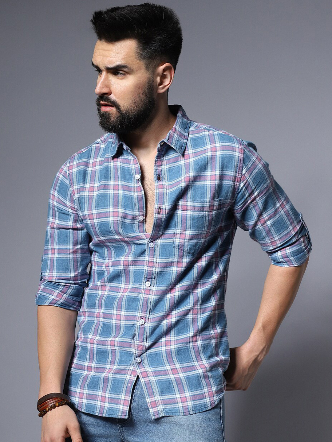 

High Star Classic Regular Fit Tartan Checked Pure Cotton Casual Shirt, Blue