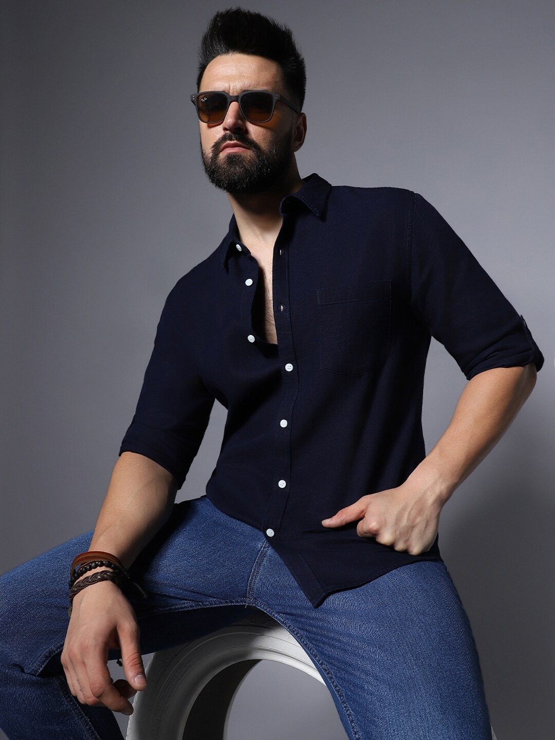 

High Star Classic Roll-Up Sleeves Pure Cotton Casual Shirt, Blue