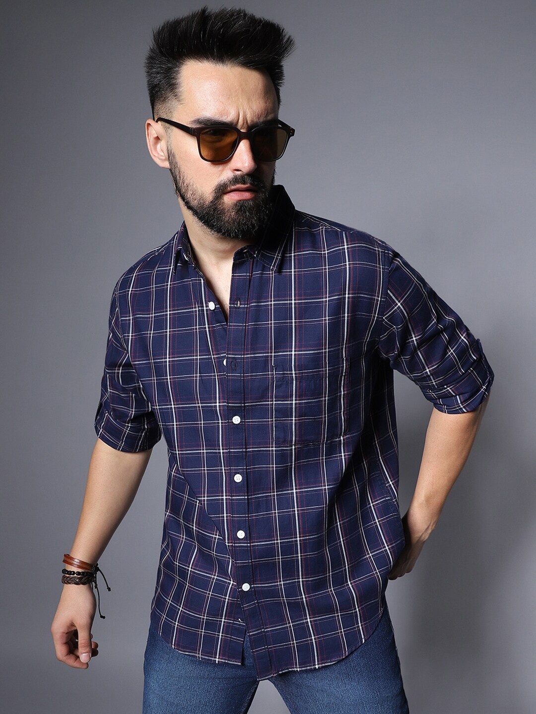 

High Star Classic Checked Roll-Up Sleeves Pure Cotton Casual Shirt, Navy blue