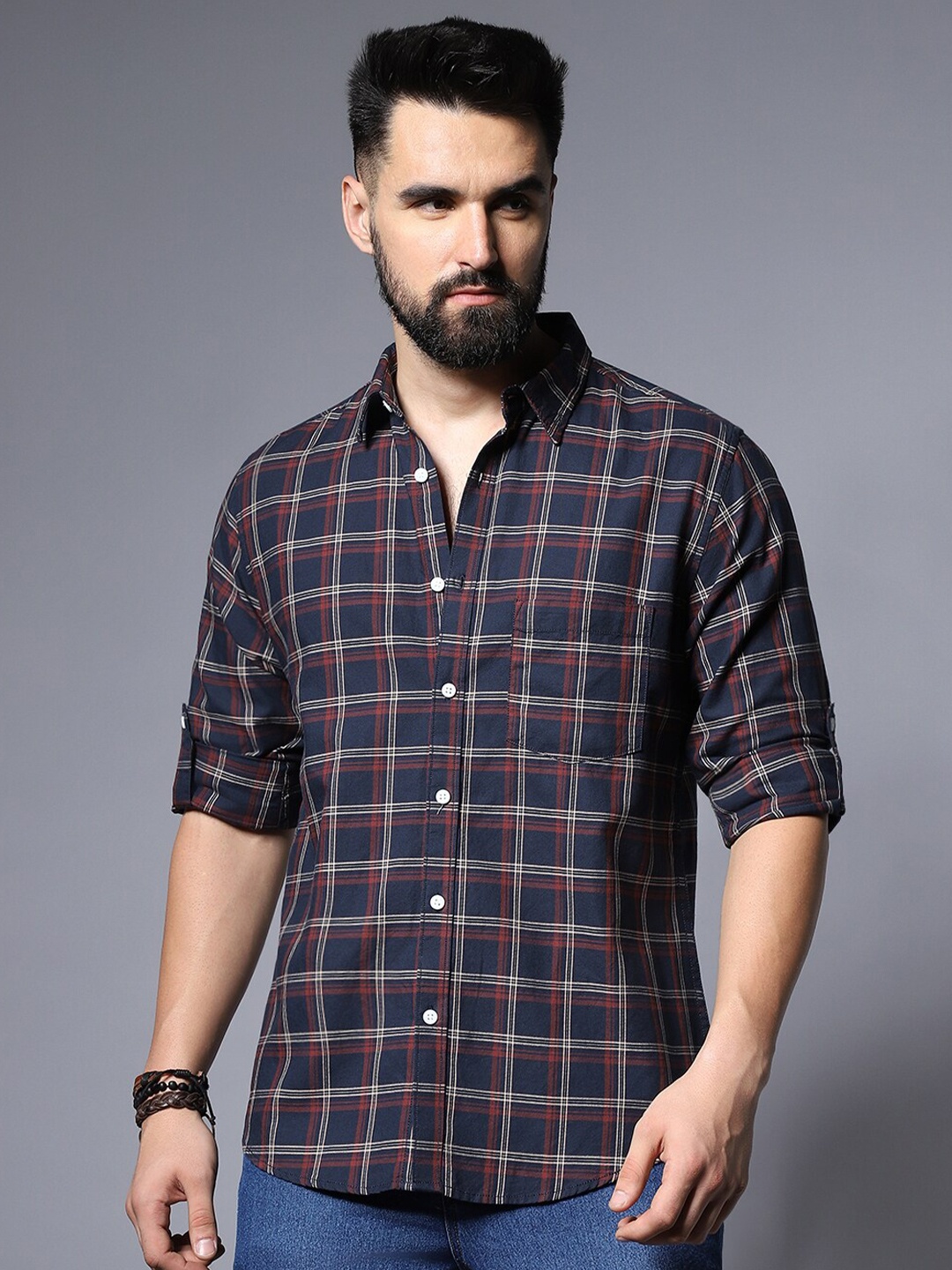 

High Star Men Classic Grid Tattersall Checked Casual Shirt, Navy blue